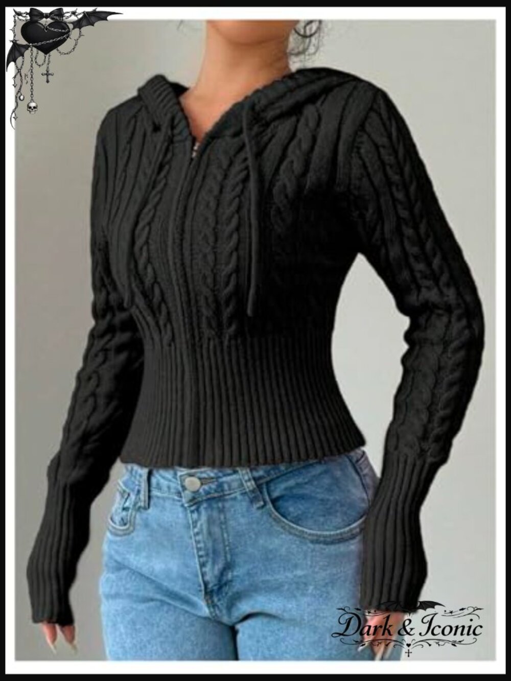 Crop Cardigan Sweater Cable Knit Zip Up Hoodie Long Sleeve Medium - Picture 3 of 5